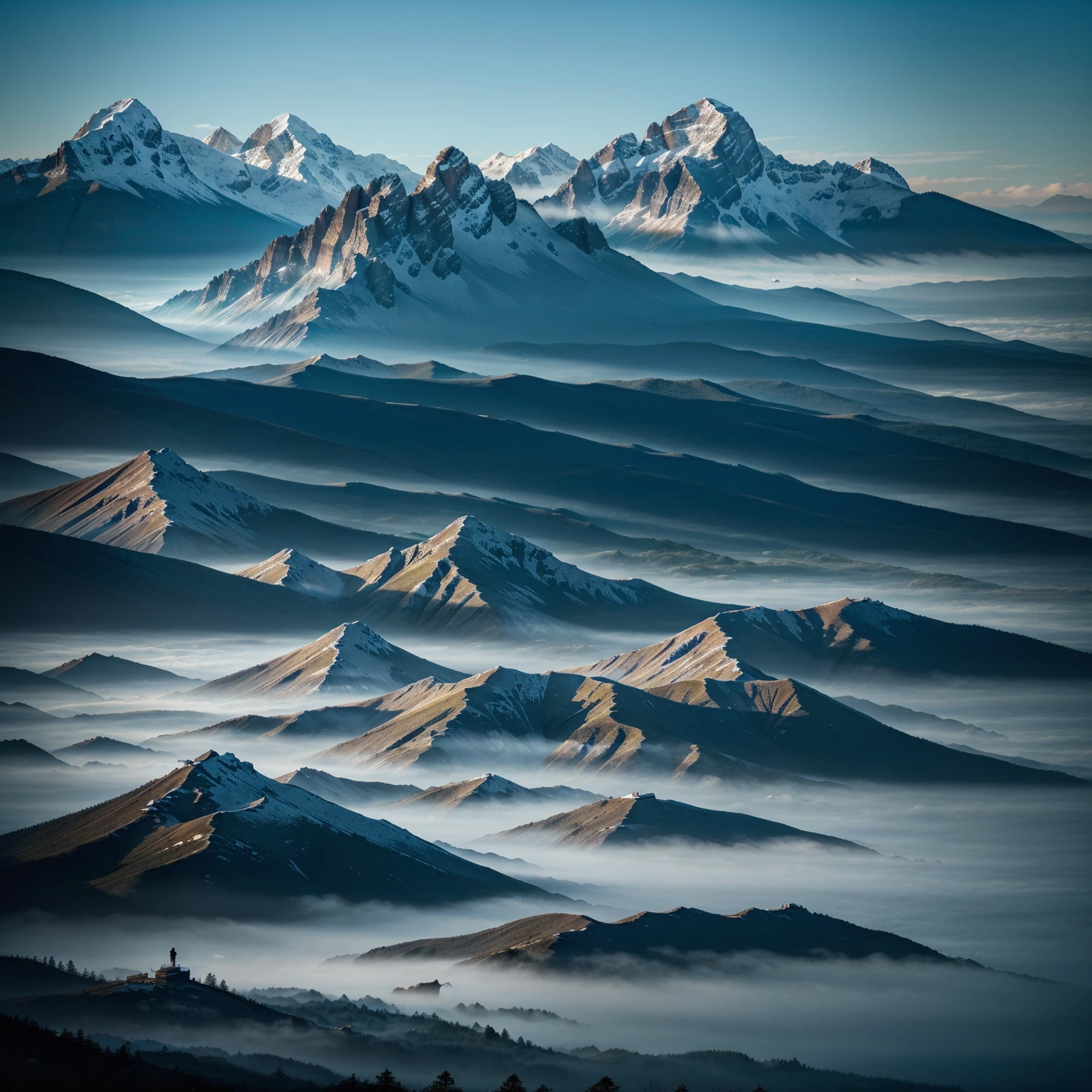 Traditional ink painting style:Detailed mountains and oceans,Mysterious creatures and spirits,A lush,Vibrant landscape,Mythical and magical atmosphere,Dark blue color palette,Hazy and ethereal lighting,Best quality,A high resolution,(Realistic,Photorealistic:1.37),