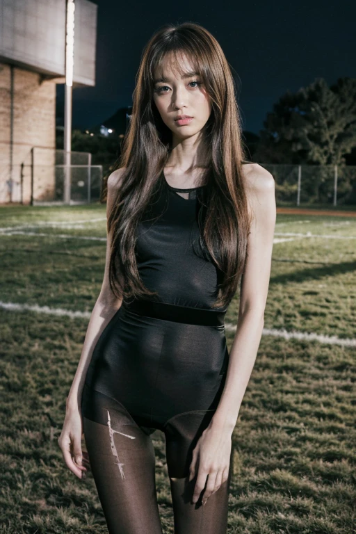 (RAW photos, best quality), (Practical, Photo Practical: 1.3), best quality, Very detailed, masterpiece, Ultra Detail, 1 pure girl, golden body proportions,Very detailed的脸部,Exquisite eyes, Full body portrait, Perfect body,A stylish luxury long dress,Long legs,(((pantyhose))),Stylish belt,Long-range shooting, World masterpiece Theater, Stylish_long_hair, best quality, Photographed by mobile phone,Night view,Standing in the goal of the football field