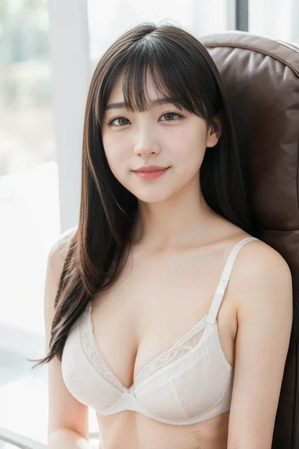 (plain bra, pure white cotton panties:1.5), one girl, , (natural lighting:1.3), 8k, RAW photo, best quality, masterpiece, realistic, photo-realistic, BREAK, no makeup, smile, black eyes, black hair, full body, BREAK, (small breasts:0.5), BREAK, sitting, chair