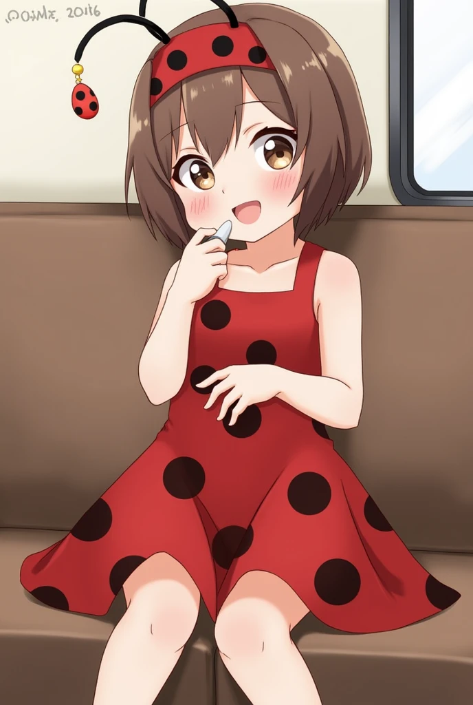 1girl, solo, smile, short hair, open mouth, brown hair, ladybug dress, sleeveless, socks, indoors, sleeveless dress, red dress, child, female child, age difference, , suck penis, 1boy, pussy penetrate, penis suck, holding, sitting, hetero, cosplay, couch, headband with ladybug antenna, cab locomotive