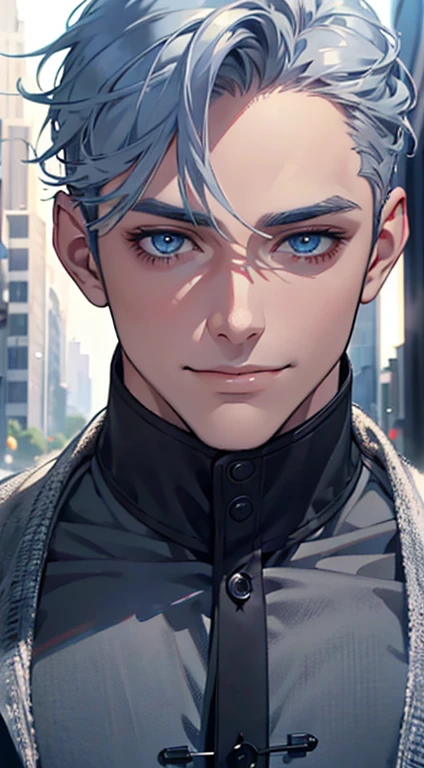 a mature man with short grey blue hair, blue eyes, 31 years, and a perfect face, smiling in love, CEO, cinematic lighting, 1:4 HDR image, top view, ultra detailed, best quality, masterpiece, 8K, photorealistic, beautiful image