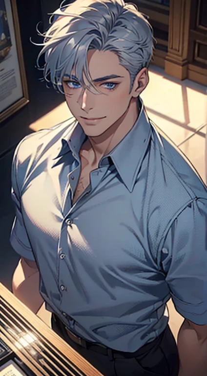a mature man with short grey blue hair, blue eyes, 31 years, and a perfect face, smiling in love, CEO, cinematic lighting, 1:4 HDR image, top view, ultra detailed, best quality, masterpiece, 8K, photorealistic, beautiful image