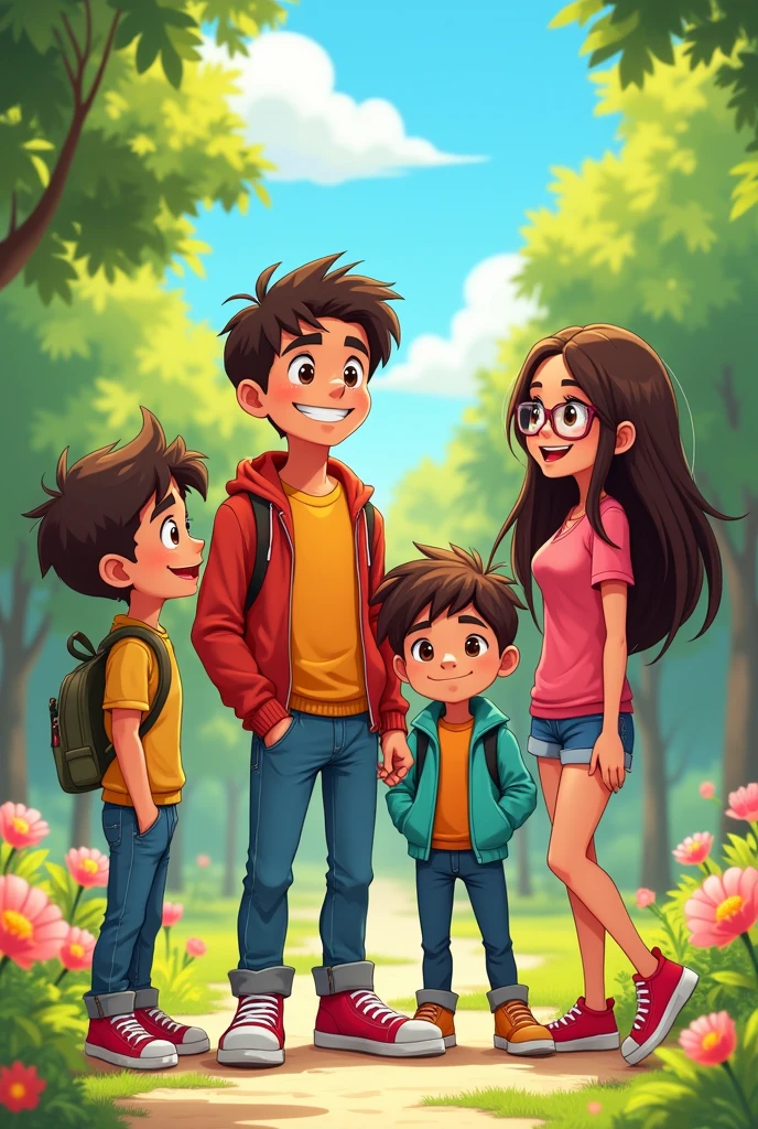 Hello, create a photo for my family's group profile, we are 5, My mom, my dad, my little brother who is 10, my sister is 14 and I am 20. My mom's name is Miryan, my dad Edgar, my sister Vida, my brother Thiago, and I, Kevin, am a man. The photo doesn't have to be of real people. You can get inspiration from AnimeX or cartoons or something abstract. 