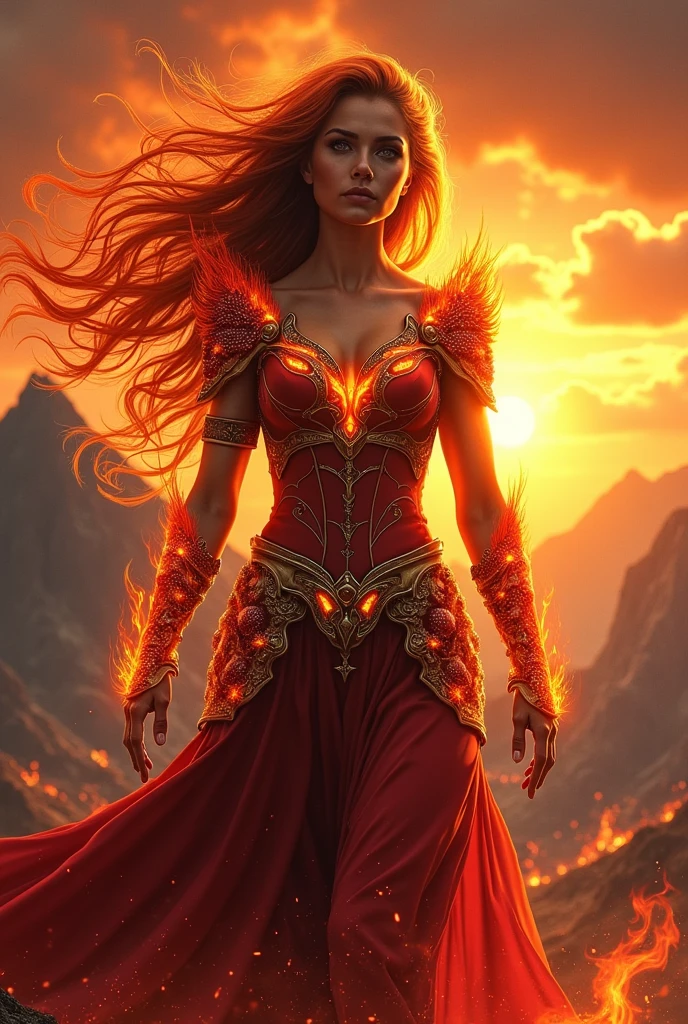 Woman with flaming hair, orange eyes , fire-colored armor .
