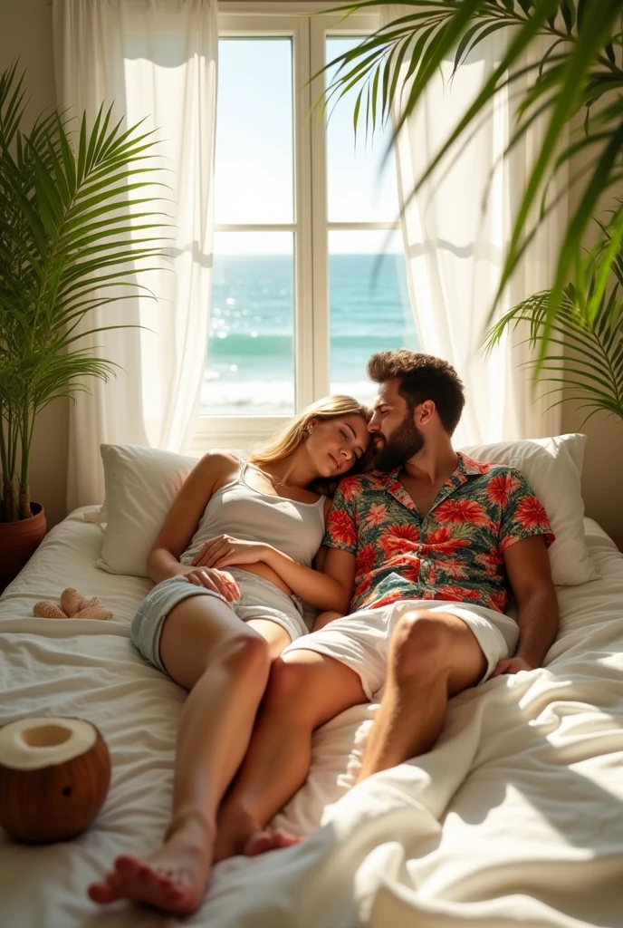 two people wearing beach clothes in bed
