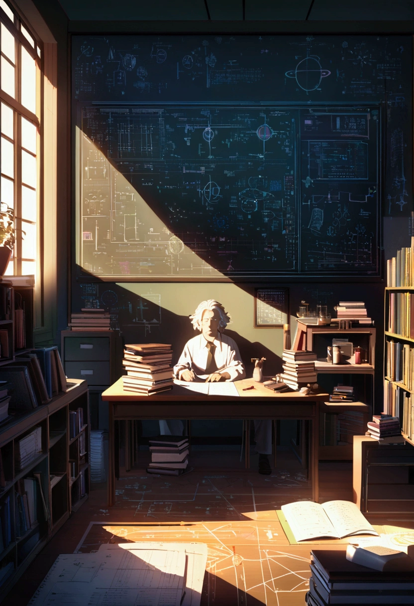 "An artistic visualization of Albert Einstein's formula E=mc². The scene shows a chalkboard with the formula written boldly, surrounded by scientific symbols and diagrams representing relativity. The background is a dark study room, filled with books and papers, with soft light highlighting the chalkboard."
