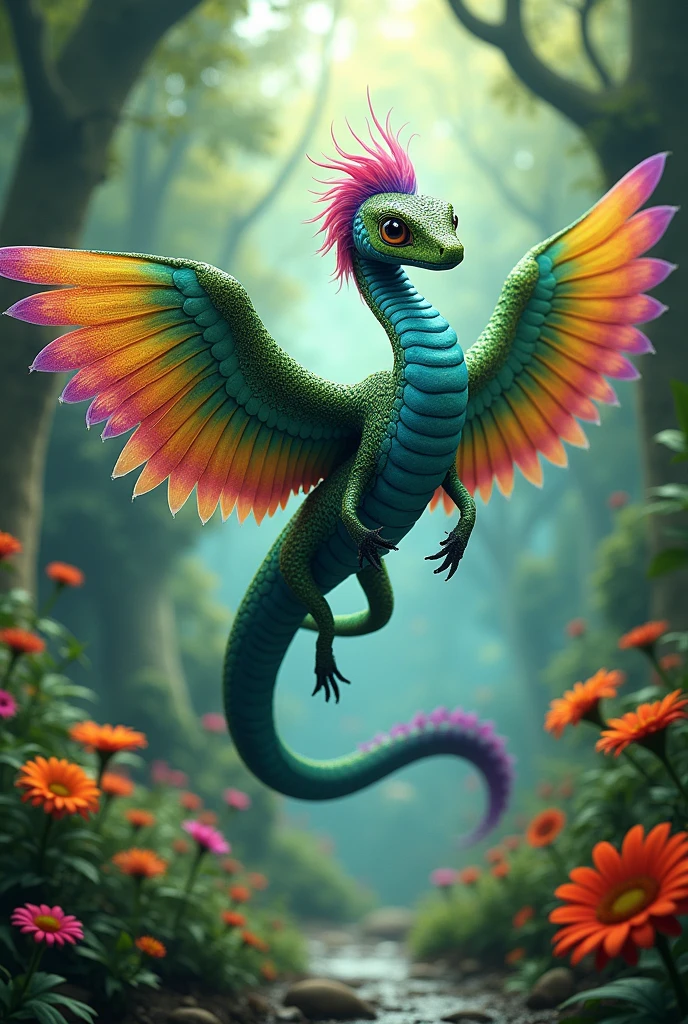 a snake with hair ,long with large wings with a C on its forehead and green, purple,blue and yellow like an alebrije