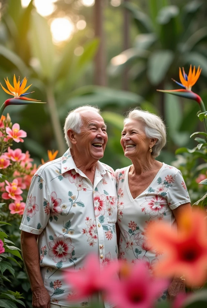 Elderly people in a lush tropical garden, wearing a white floral shirt, with a close-up capturing the natural flowers, showing off your natural charm and outgoing personality.