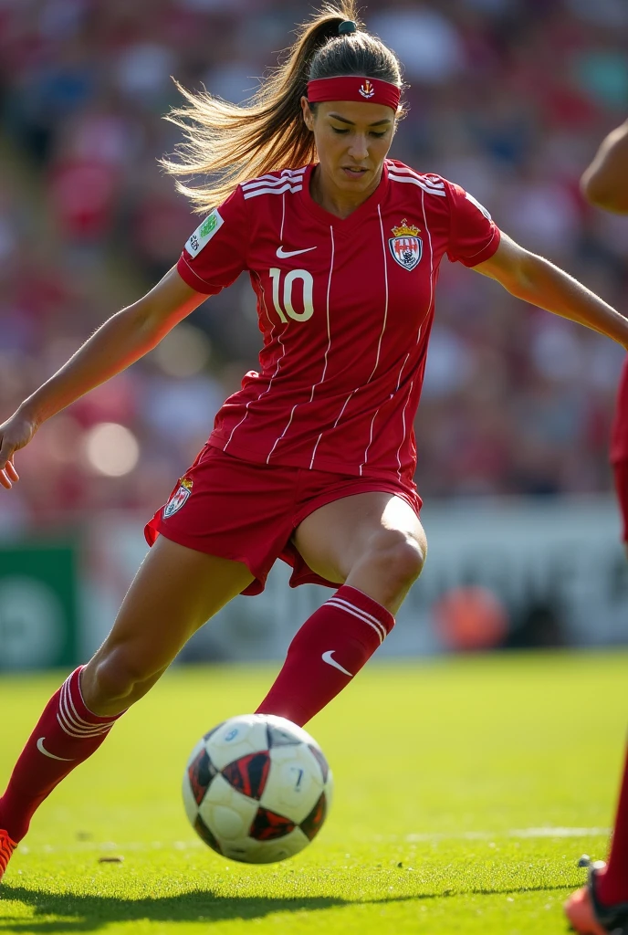 Realistic, woman in female soccer uniform sweeping at rival's leg to take away the ball, hitting the leg and injuring