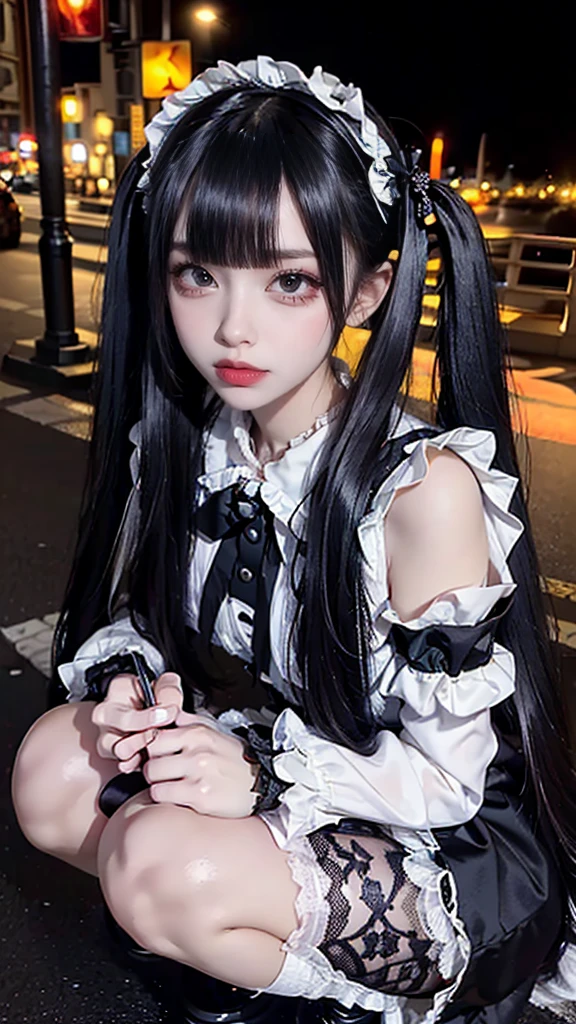 raw photo, 8k, (top-quality), Realistic, (real picture, Intricate details), (natural skin texture, detailed skin, hyper realism, sharpness), (Japanese teenage girl squatting Japanese teenage girl squatting in a downtown area at night, neon light), ((maid costume with black and white, lolita fashion, gothic fashion), (slender body, pale skin:1.2), ((twintail hairstyle, blunt bangs)), (provocative look, Parted lips:1.3, eye shadow, eyeliner, tear bag:1.3, red lips), night time, spot lighting:1.3