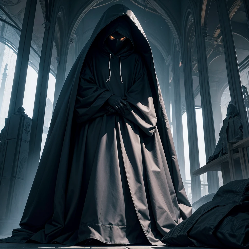 ((Best Quality)) Hooded figure gazing at the architecture of an advanced extraterrestrial civilization with a dark color palette.