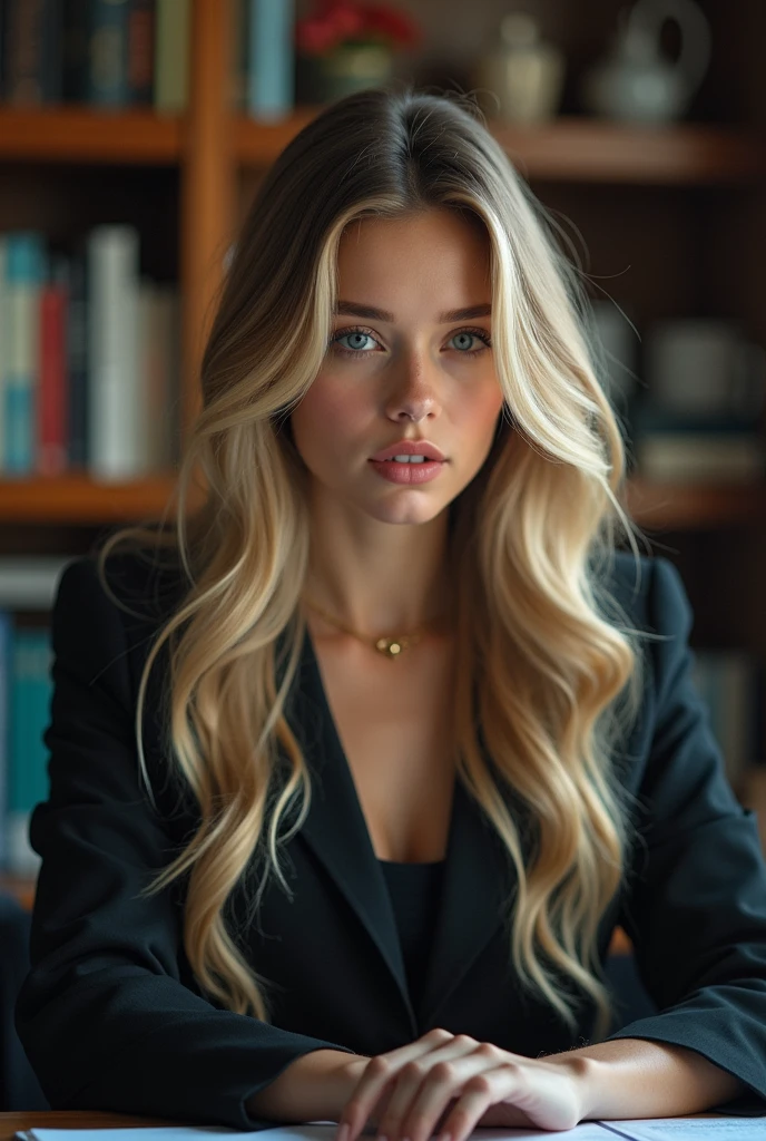 beautiful girl with long blond hair, detailed eyes, nose, and lips, noseить профессиональную одежду, sitting in his office, using her computer, компьютер HP (Best quality,4K,8 K,a high resolution,masterpiece:1.2),ultra detailed,(realistic,photorealistic,photo-realistic:1.37),HDR,studio lighting,very detailed face and body, portrait,cinematic lighting,dramatic lighting,warm color tones,Dramatic colors, shows pussy