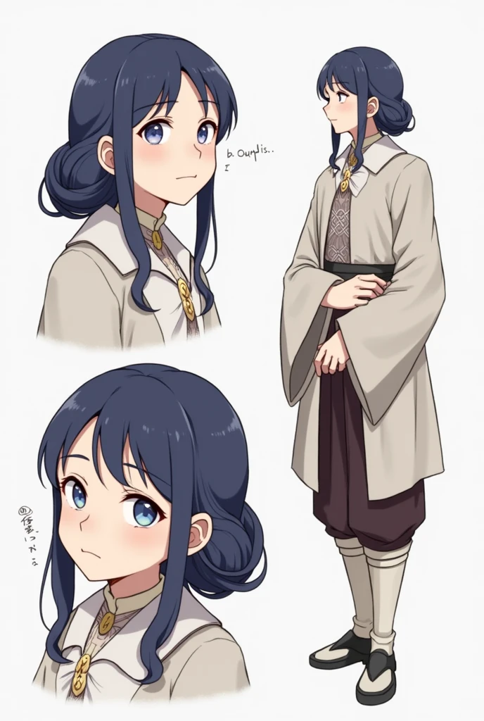 2D animation, anime, women adult, big breasts (1.4), long blue fur, white eyes, baggy eyes, rostro tired out, small face, eye bags, adult, women, mayor, medieval clothing, white pupils, white eyes, dark blue hair, baggy eyes, gloomy face, tired out, dark blue hair, pearl colored eyes, hugging a man from behind