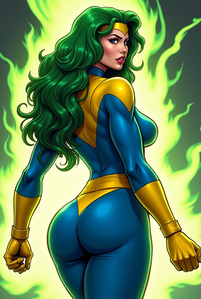 Lorna Dane, polaris x-men, (back side win pose:1.6), (busty and voluptuous body) , (green thick wavy long hair:1.4), (huge breast:1.6), wearing a blue costume, big yellow in the chest and stomach, with yellow xmen belt, yellow glowes, yellow boots, (screenshot of a beat em up videogame), (she's surrounded by a green energy:1.5), (comic style:1.4) 