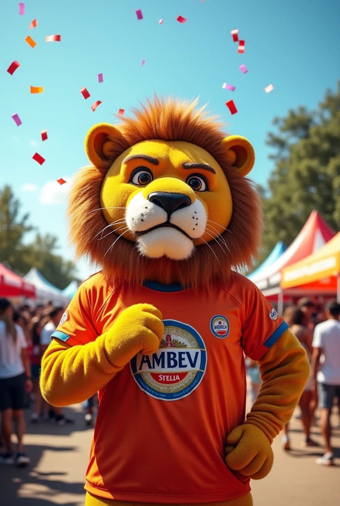 Lion mascot with a bad face, with an Ambev and Stella shirt in hand 