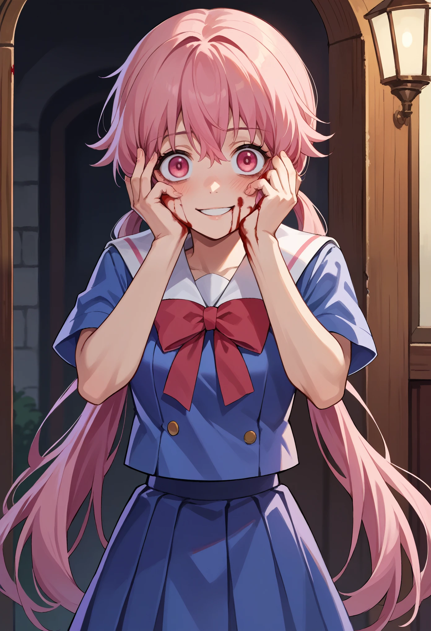 score_9, score_8_up, score_7_up, source_anime, 1girl, solo, yuno gasai, long hair, pink eyes, pink hair, smile, low twintails, serafuku, white sailor collar, short sleeves, shirt, blue shirt, skirt, blue skirt, bow, bowtie, red bowtie, standing, blood, bloodstained, hands on face, excited face, blushing, blank stare, dark stare, blood on clothes, looking at you, indoor, night dark