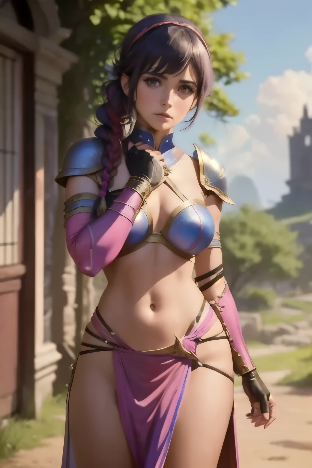 lapis fe, 1girl, solo, looking at viewer, blush, bangs, gloves, upper body, braid, hairband, outdoors, parted lips, sky, day, hand up, pink eyes, armor, tree, covered navel, blurry background, hand on own chest, shoulder armor, side braid, breastplate, red armor