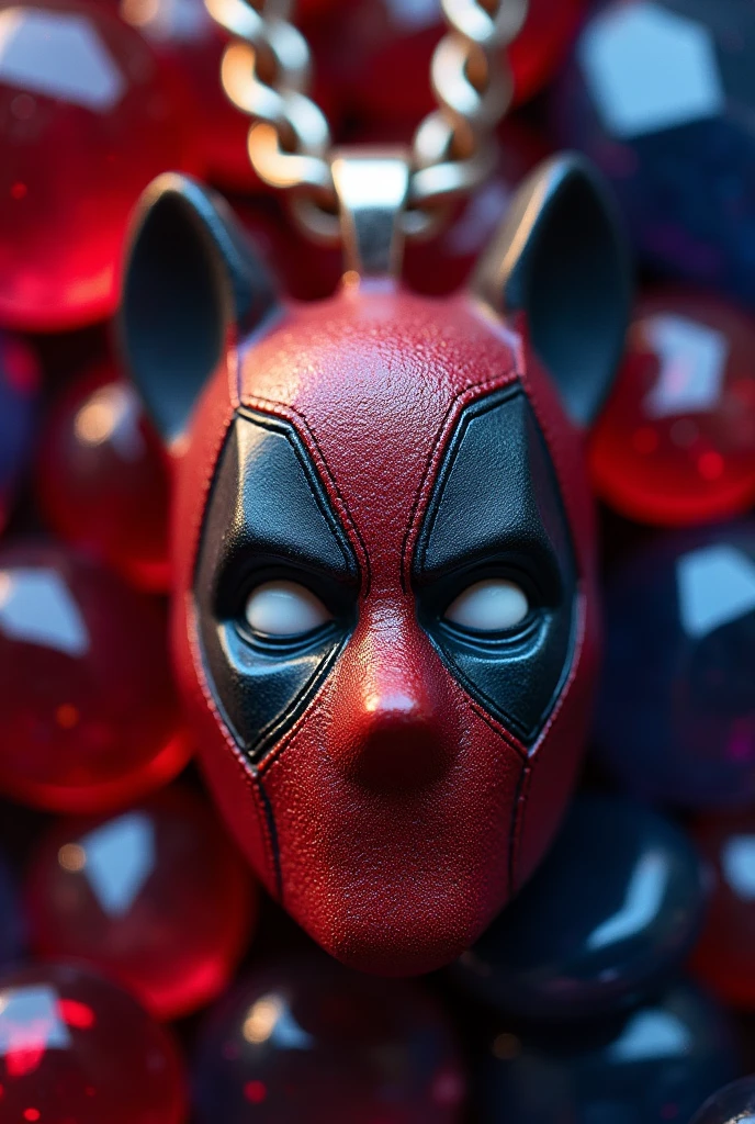 A chain pendant of the half Deadpool half dogpool with gems