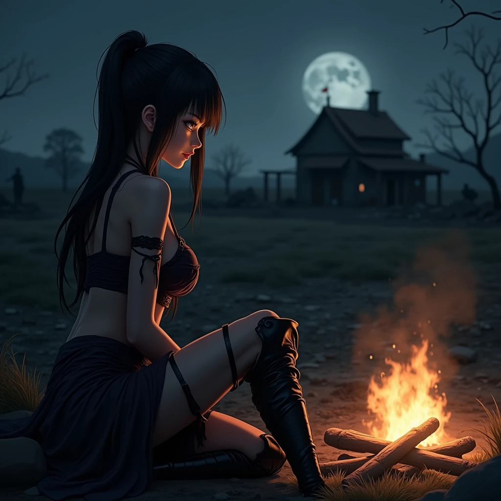In a devastated Land shattered by war, dim light of a moonless night, by a campfire, old village in the far background, never ending night. A voluptuous, beautiful, thicc warrior named Hana Haruna sitting down comfortable, her hands feel her breasts. Plump gravure idol, Young japanese gravure idol and adult Video actress. Dressed in a dark tattered fabric outfit. Cinematic Lighting, indirect lighting kissing her features, highlights her Silhouette. anadearmas-ti 