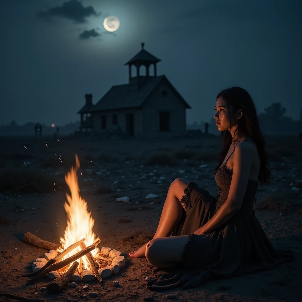 In a devastated Land shattered by war, dim light of a moonless night, by a campfire, old village in the far background, never ending night. A voluptuous, beautiful, thicc warrior named Hana Haruna sitting down comfortable, her hands feel her breasts. Plump gravure idol, Young japanese gravure idol and adult Video actress. Dressed in a dark tattered fabric outfit. Cinematic Lighting, indirect lighting kissing her features, highlights her Silhouette. anadearmas-ti