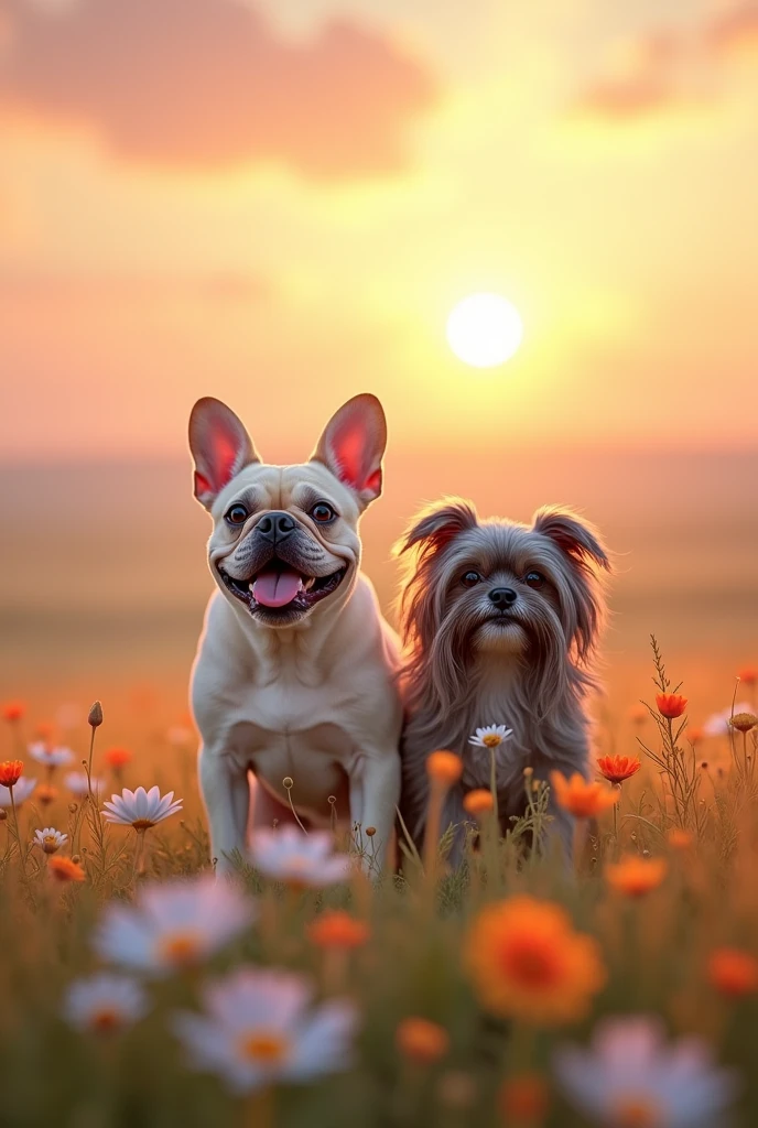 Could you illustrate it in an image?, he arriving in heaven which would be a field with flowers and a sunset. 
He will be greeted by a Lhasa a little smaller than him., slim, dark gray in color pulling black with some white hairs from old age, has a kind smile and gaze. The French Bulldog is cream colored, quite chubby, with pink ears and is smiling and happy.
I want the image with soft colors. May he show peace and happiness upon his arrival in heaven..