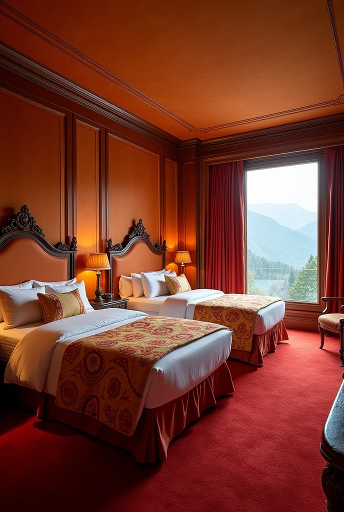 the large bedroom has 2 single beds, one on each wall, with good space between them and a red carpet on the floor. The walls are covered with rich fabrics in warm tones such as red, orange and gold. Beds are large and sophisticated, with ornate headboards that often include details that evoke flames. The sheets and blankets are made of high quality materials, with patterns that imitate the heat of a fire. Each room is equipped with a smaller fireplace or heat source, providing a comfortable and welcoming environment. The window allows a spectacular view and can be decorated with heavy curtains that help maintain privacy and internal temperature. The decor is elegant, with furniture and accessories that complement the fire theme and create a comfortable space for residents.