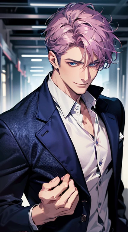 (best quality, masterpiece, 8K, photorealistic, cinematic lighting, 1:4 hdr image, ultra detailed, beautiful image), a mature man, 35 years very handsome, ((cold expression smile in love)), short  purple hair, blue eyes, face perfect without mistakes, ((buttoning his jacket, CEO)), smile.