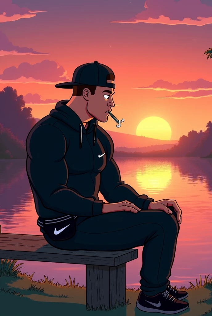 a sporty man sitting calmly by the lake watching the sunset. The man looks dangerous and is wearing a cap, black Nike tracksuit and a black fanny pack.. He's smoking a joint while sitting on a bench. Das bild ist im family guy stil
