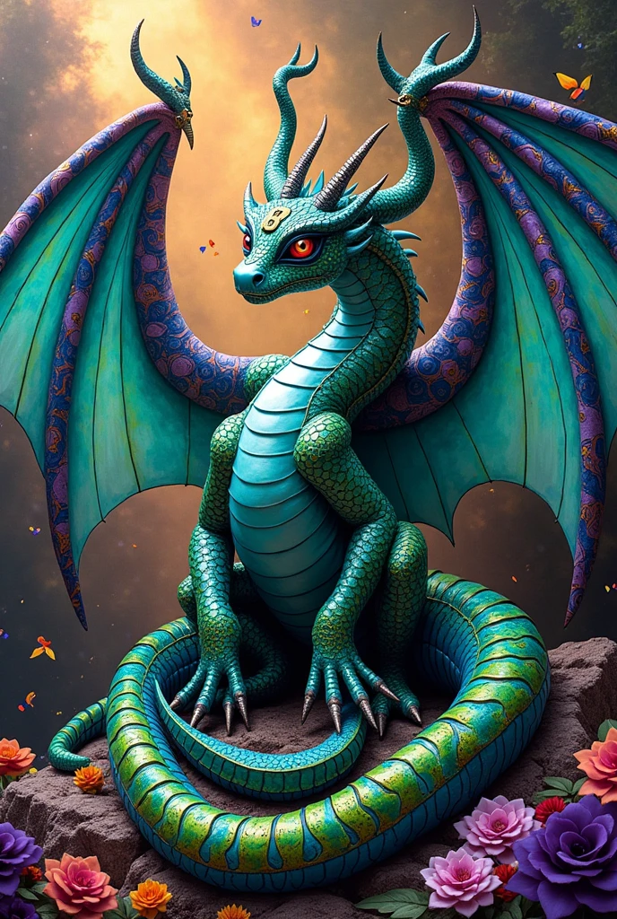 a snake with hair ,long with large wings with a C on its forehead and green, purple,blue and yellow like an alebrije that looks scary
