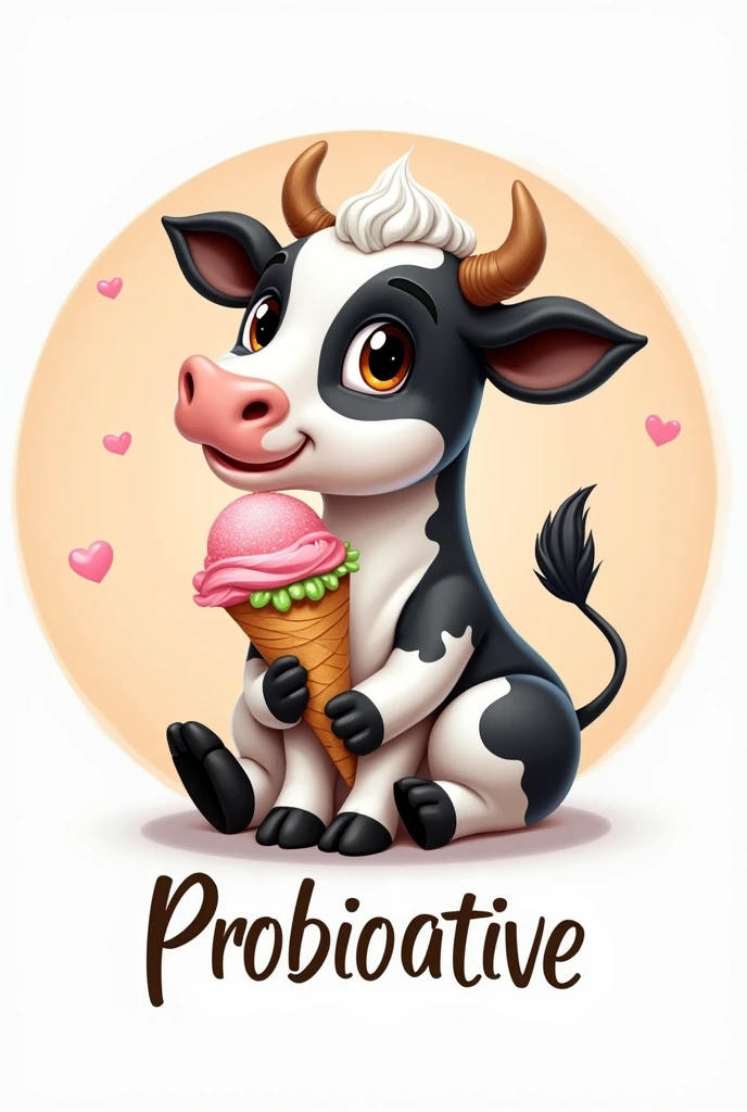 Drawing of a cute, beautiful cow in black and white with long eyelashes sitting with an ice cream cone.
The image should be round..
Below it should say Probioactive in italics