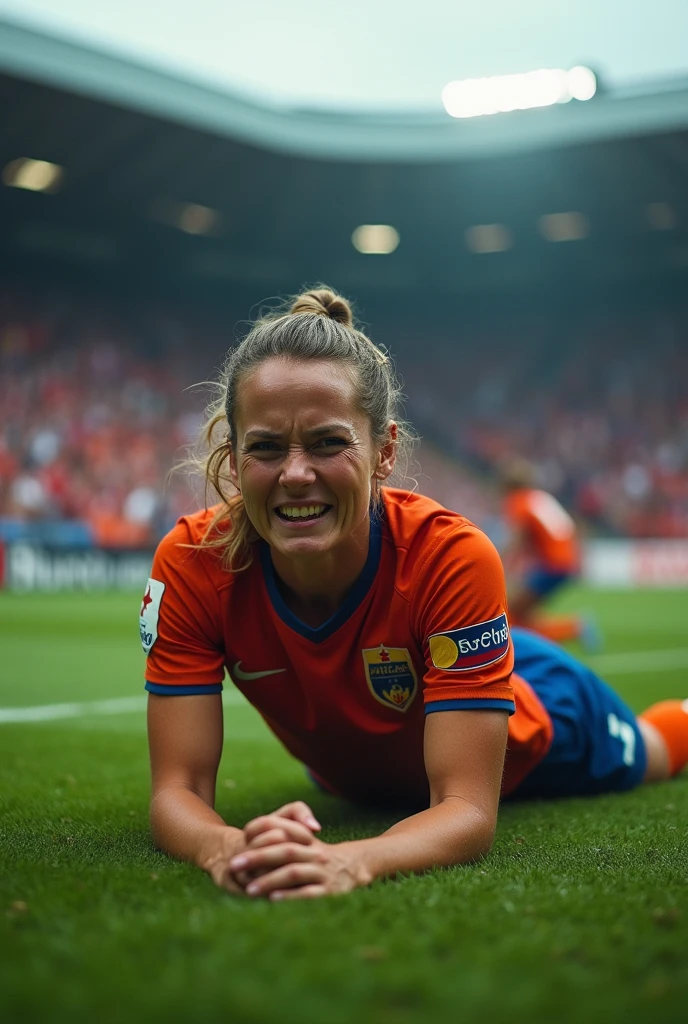 Women soccer injury leg grimaces foul full body 