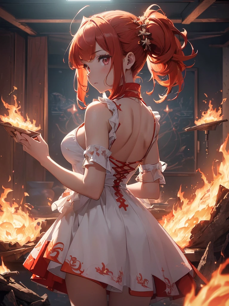 (((best quality, sharp image, clear image, cinematic lighting, 8k resolution, masterpiece, ultra detailed, intricate))) Girl, (((looking over right shoulder))), (shot from behind), ((half shot)), fiery red hair, pigtails, (white dress), ((flaming sigils, flaming runes)), spiky rock formations, (flaming lotus flowers), busy background, (swirling flames).