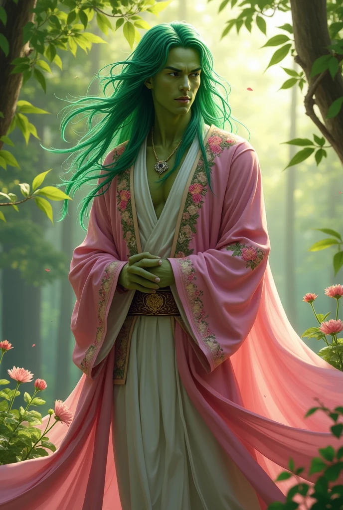 Male spring eladrin with green skin and hair, wearing pink robes.