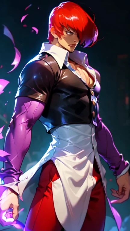 (The best quality,4k,High Resolutions:1.2),ultra detailed,(realist:1.37),1boy,only, Iori Yagami KOF,Iori Yagami,,Fiercely flowing red hair waving in the wind,black leather vest that fits perfectly to his muscular frame,white nightgown fluttering around him,red pants hugging her legs,black shoes shining with elegant polish, stylish shoes