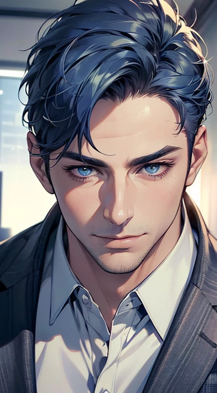 (best quality,4k,8k,highres,masterpiece:1.2),ultra-detailed,(realistic,photorealistic,photo-realistic:1.37),1 man,31 years old,mature man,very handsome,without expression,smile,short blue hair,blue eyes,penetrating gaze,perfect face without errors,imposing posture,businessman,office background,cinematic lighting,hdr image