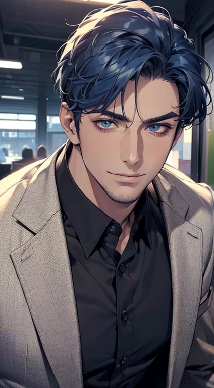 (best quality,4k,8k,highres,masterpiece:1.2),ultra-detailed,(realistic,photorealistic,photo-realistic:1.37),1 man,31 years old,mature man,very handsome,without expression,smile,short blue hair,blue eyes,penetrating gaze,perfect face without errors,imposing posture,businessman,office background,cinematic lighting,hdr image