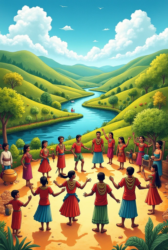 A drawing that encompasses the following concepts, about the territory, Population, NATURE AND CULTURE, that is easy to draw