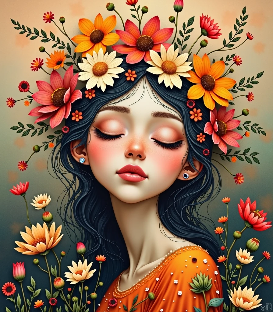 including , , and , , wearing colorful lady with flowers on her head is an acrylic painting, in the style of lucy glendinning, tony diterlizzi, organic and naturalistic compositions, floral explosions, ferris plock, light orange and brown, serene faces --ar 3:4 -