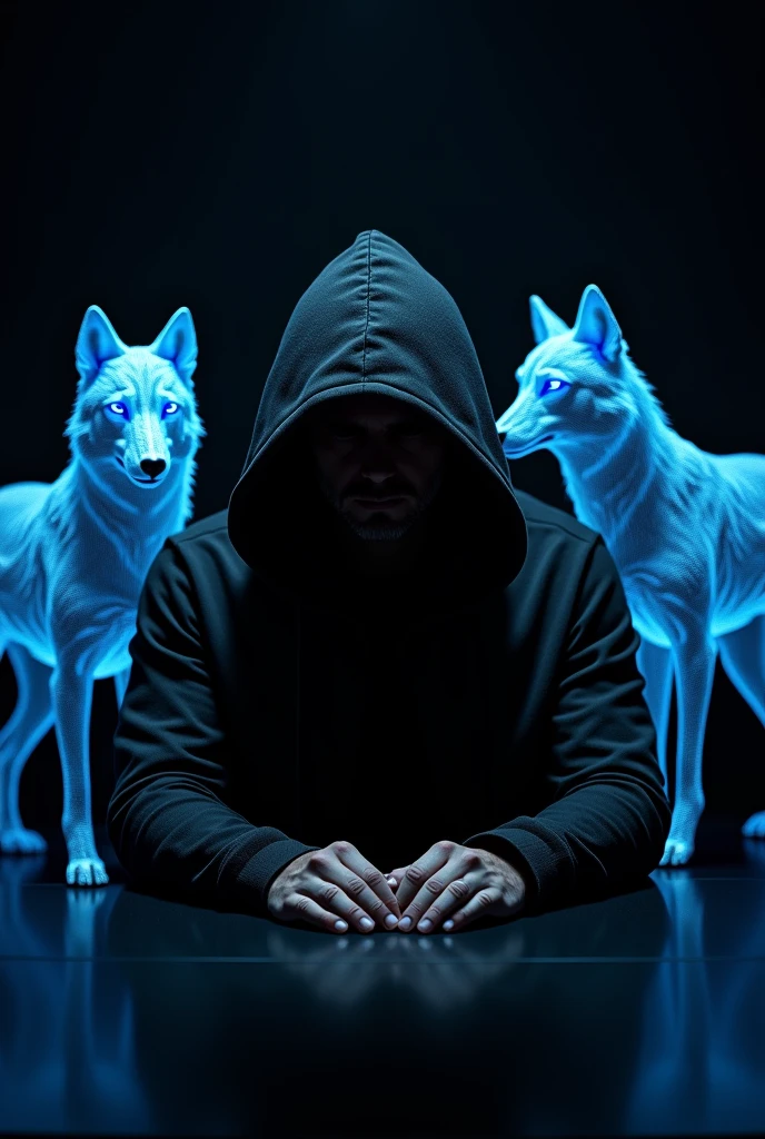 A hooded man sitting at a table against a black background with well-structured blue and black wolves digital marketing