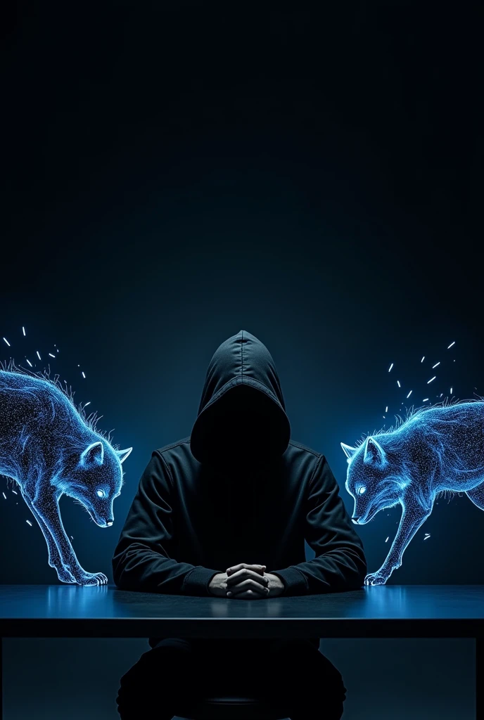 A hooded man sitting at a table against a black background with well-structured blue and black wolves digital marketing 