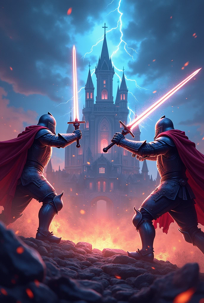 Create a gamer banner for twitch, With name "cviperlow" in the middle, com knights in the corners battling with swords