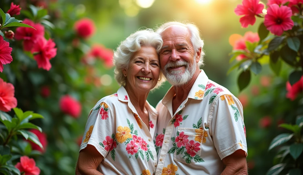Elderly people in a lush tropical garden, wearing a white floral shirt, with a close-up capturing the natural flowers, showing off your natural charm and outgoing personality.