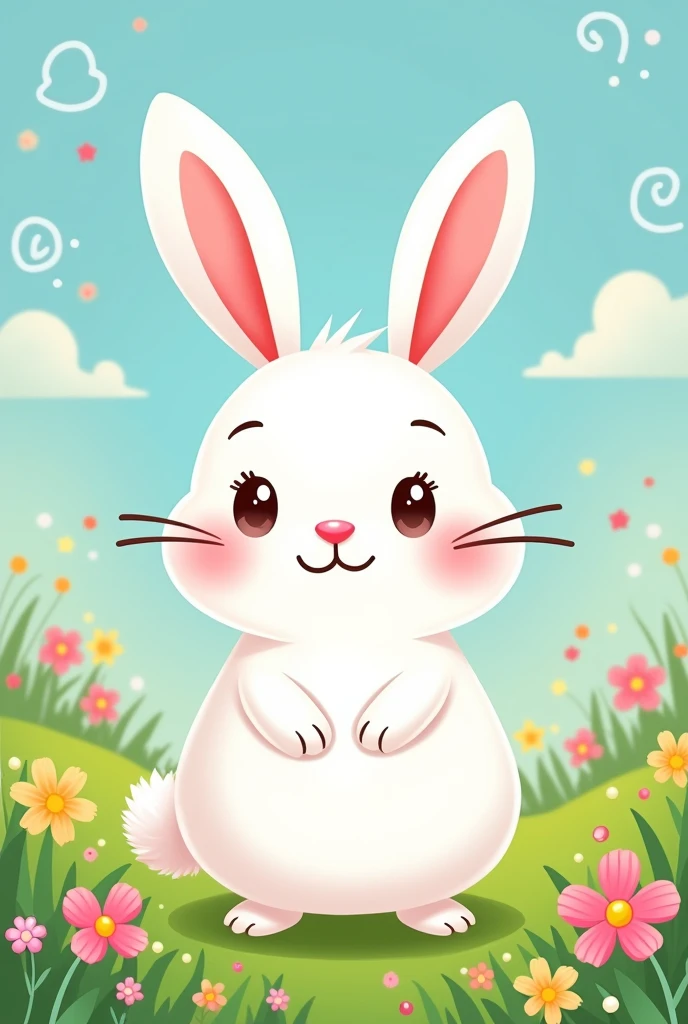 a white rabbit, outlined in black, without eyes that are two studs and that is cartoon style