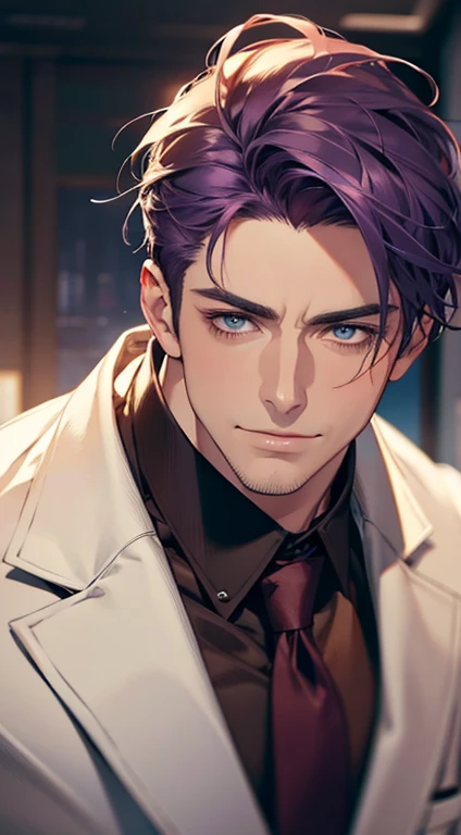 (best quality,4k,8k,highres,masterpiece:1.2),ultra-detailed,(realistic,photorealistic,photo-realistic:1.37),1 man,31 years old,mature man,very handsome,without expression,smile,short purple hair,blue eyes,penetrating gaze,perfect face without errors,imposing posture,businessman,office background,cinematic lighting,hdr image