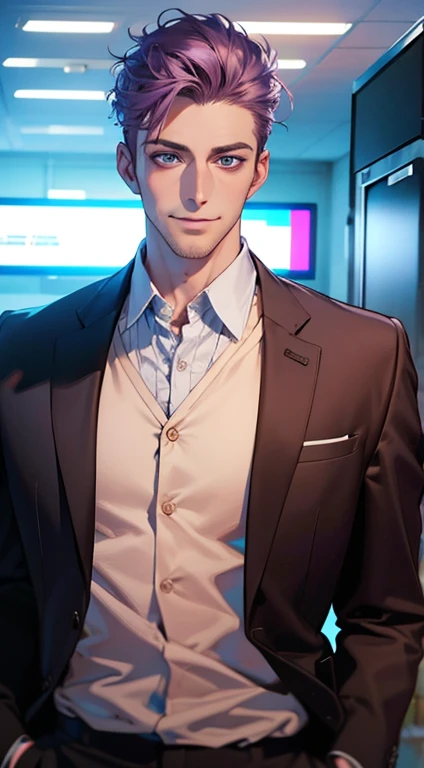 (best quality,4k,8k,highres,masterpiece:1.2),ultra-detailed,(realistic,photorealistic,photo-realistic:1.37),1 man,31 years old,mature man,very handsome,without expression,smile,short purple hair,blue eyes,penetrating gaze,perfect face without errors,imposing posture,businessman,office background,cinematic lighting,hdr image