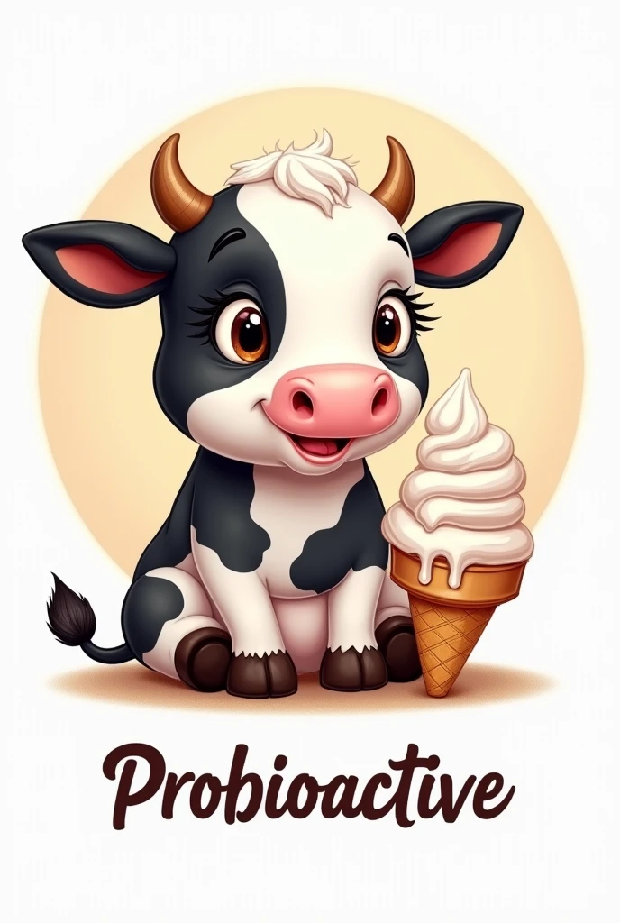 Drawing of a cute, beautiful cow in black and white with long eyelashes sitting with an ice cream cone.
The image should be round..
Below it should say Probioactive in italics