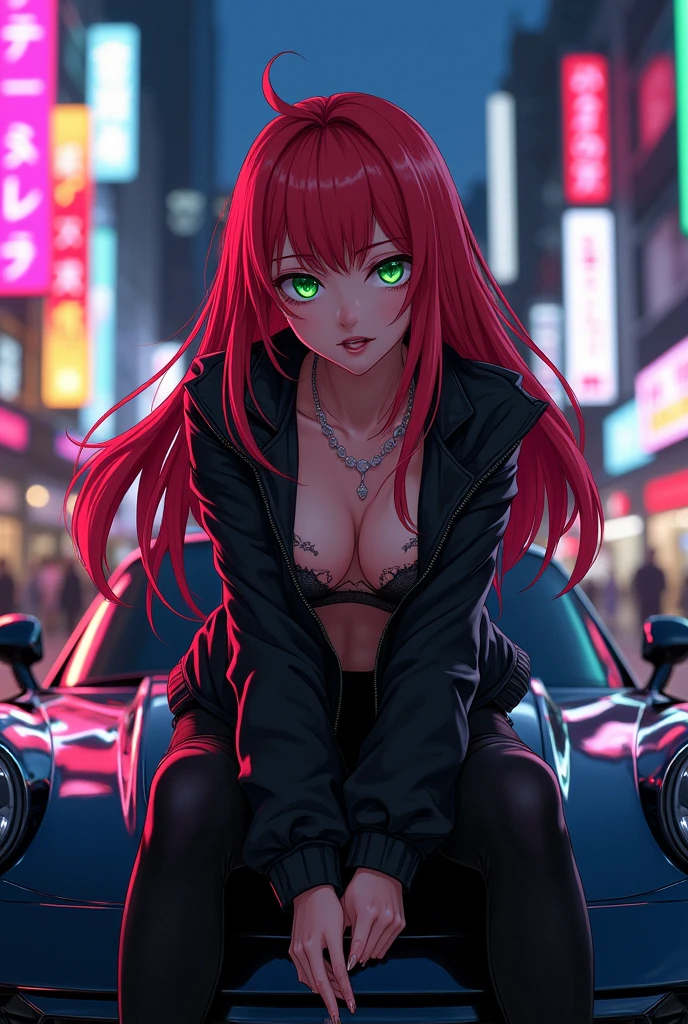 Anime woman with red hair, hood ornament on the car