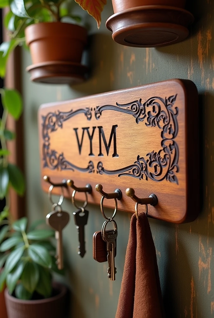 I want to create a wooden key holder , with two rows of fasteners 3 per line and have a laser carving or engraving with the initials VyM

