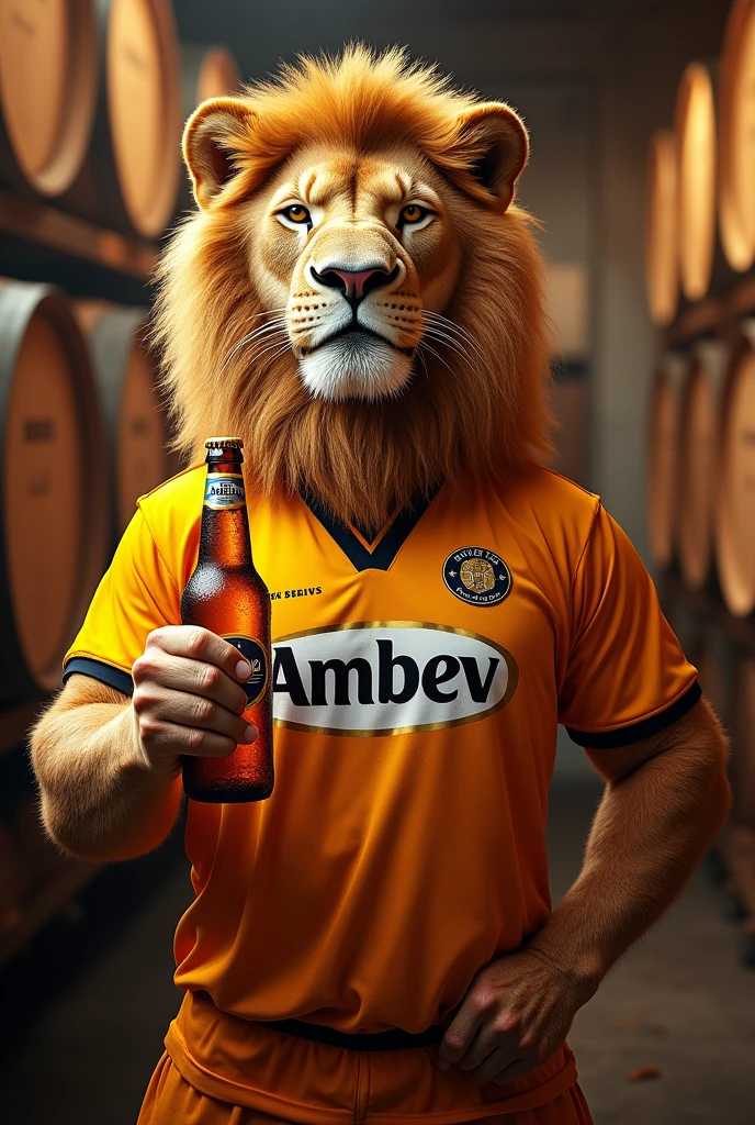 Lion mascot with a fierce expression wearing an Ambev shirt and holding a Stella beer.