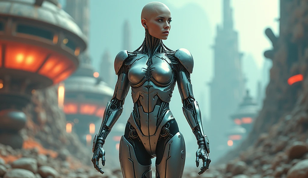 (beautiful muscular female cyborg:1.25), (megan-fox:1.5), (full body pose), (metallic muscular armor:1.5), (no hair), (bald head covered in cables:1.5), (robotic mechanical physique:1.5), (super muscular female cyborg:1.5), (covered in cables and mechanical muscles:1.5), (android muscular anatomy:1.5), (perfect fingers:1.25),(8k, RAW photo, photorealistic:1.25), sci fi atmosphere, futuristic dystopia, alien landscape,
